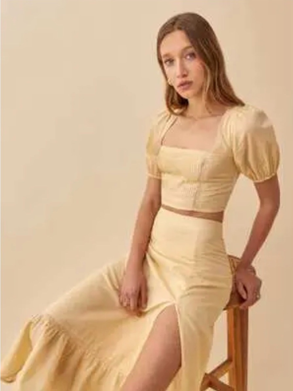 Reformation Pale Yellow Midi Skirt with High Slit